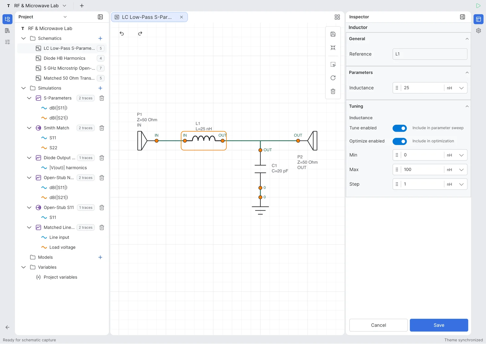 Schaltplaneditor. Zeichne Analog- und HF-Schaltungen mit Ports, Bauteilen, Netznamen und touchfreundlicher Bearbeitung.