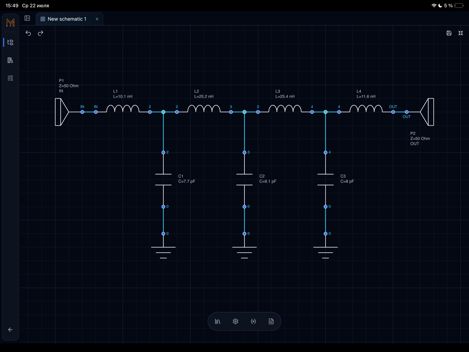 500 MHz low-pass filter schematic with 50 ohm input and output ports, four inductors, and three shunt capacitors in Monolith Circuit on iPad