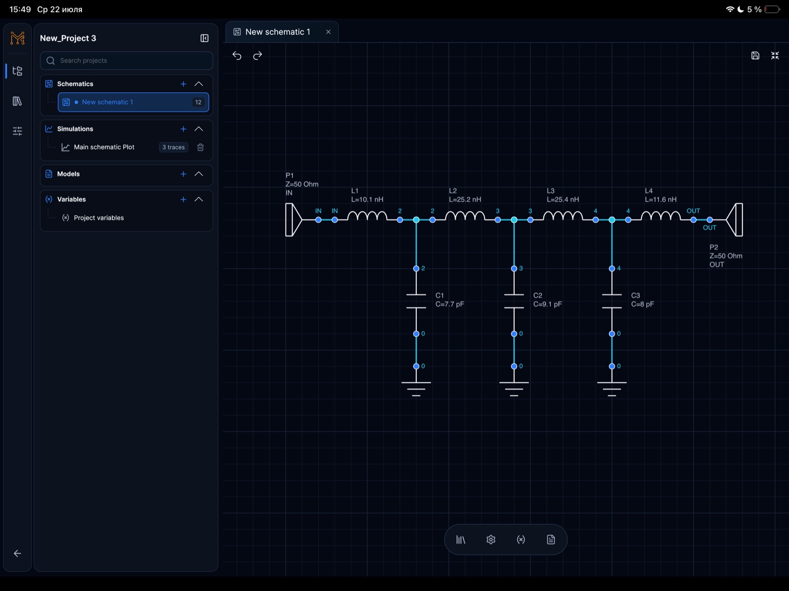 Monolith Circuit project workspace showing a 500 MHz low-pass filter schematic and simulation plot on iPad