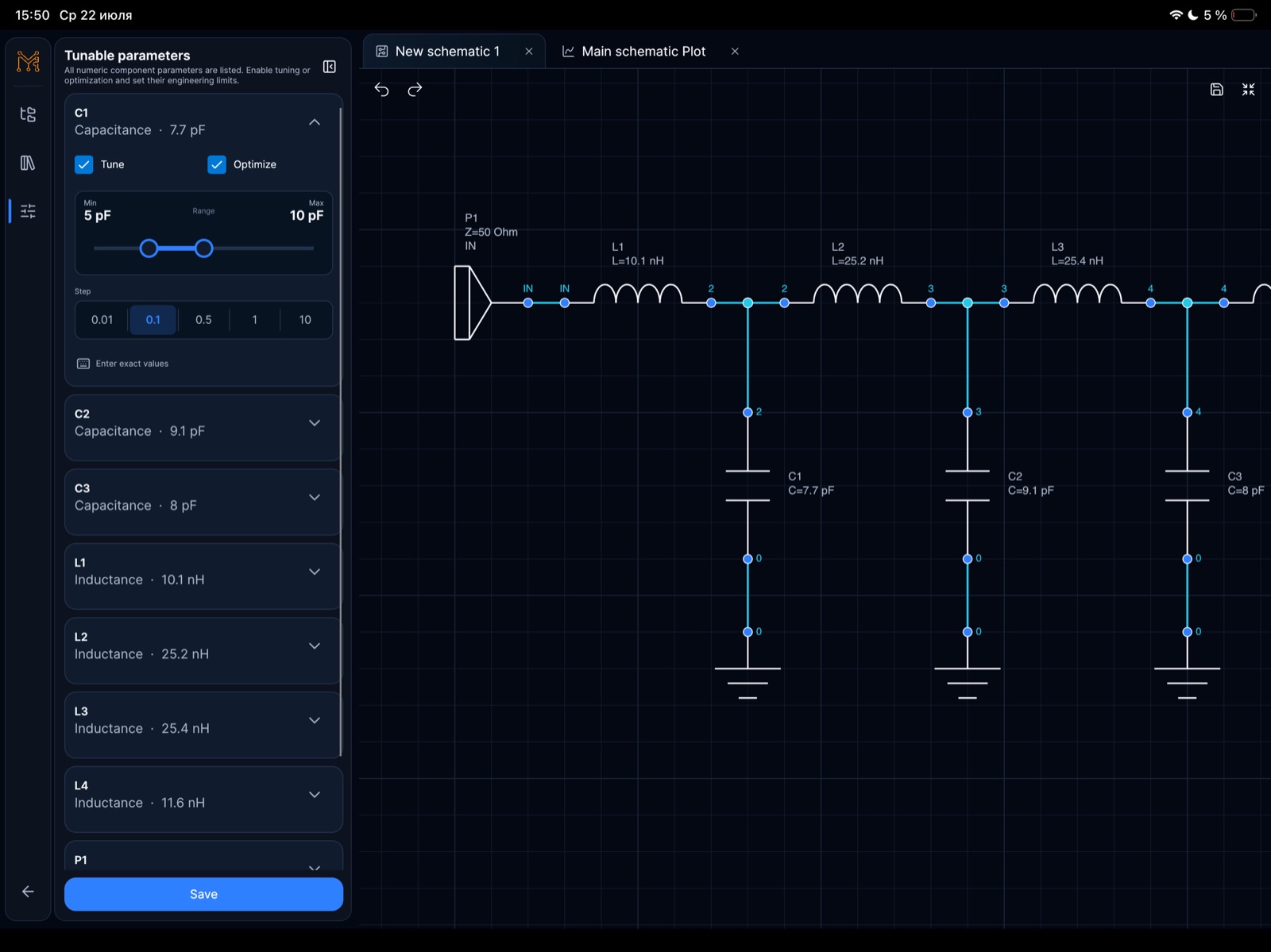 Tunable parameter panel for a 500 MHz low-pass filter showing capacitor and inductor optimization ranges on iPad